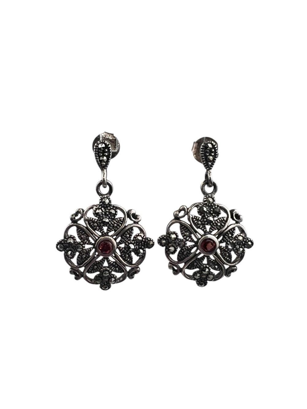 SX Thailand Sterling Silver Pierced Earrings Garnet Marcasite